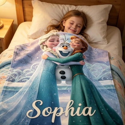 Custom Name Winter Sisters & Snowman Blanket