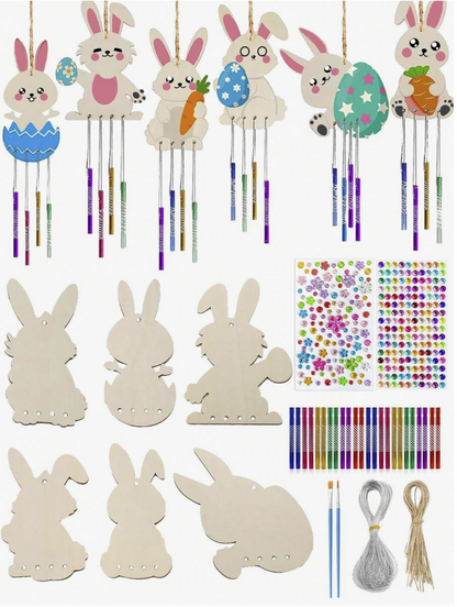6/12PCS Wooden Easter Bunny DIY Wind Chime Set – Paintable Bunny Hanging Decorations, Easter Crafts for Kids, Holiday Home Decor & Gift