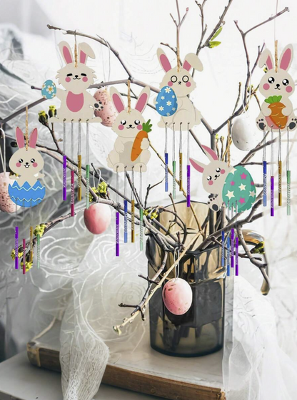 6/12PCS Wooden Easter Bunny DIY Wind Chime Set – Paintable Bunny Hanging Decorations, Easter Crafts for Kids, Holiday Home Decor & Gift