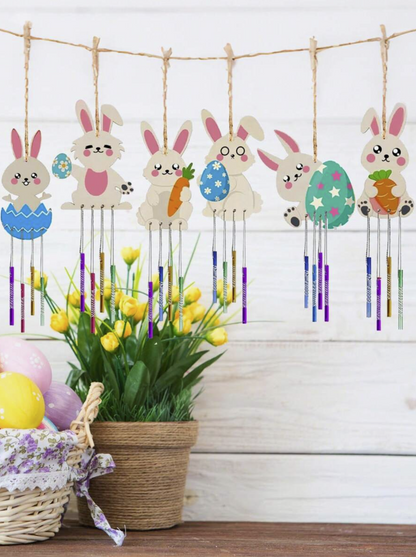 6/12PCS Wooden Easter Bunny DIY Wind Chime Set – Paintable Bunny Hanging Decorations, Easter Crafts for Kids, Holiday Home Decor & Gift