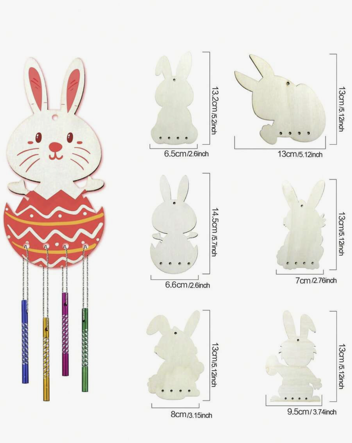 6/12PCS Wooden Easter Bunny DIY Wind Chime Set – Paintable Bunny Hanging Decorations, Easter Crafts for Kids, Holiday Home Decor & Gift