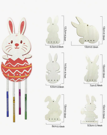6/12PCS Wooden Easter Bunny DIY Wind Chime Set – Paintable Bunny Hanging Decorations, Easter Crafts for Kids, Holiday Home Decor & Gift