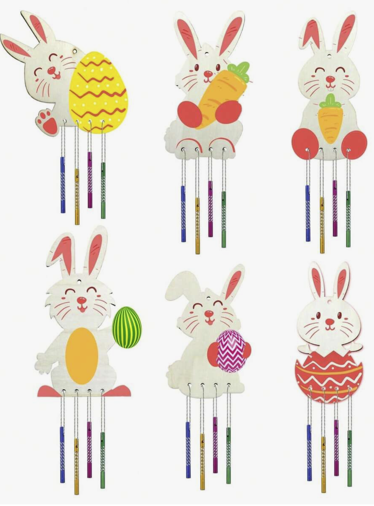 6/12PCS Wooden Easter Bunny DIY Wind Chime Set – Paintable Bunny Hanging Decorations, Easter Crafts for Kids, Holiday Home Decor & Gift