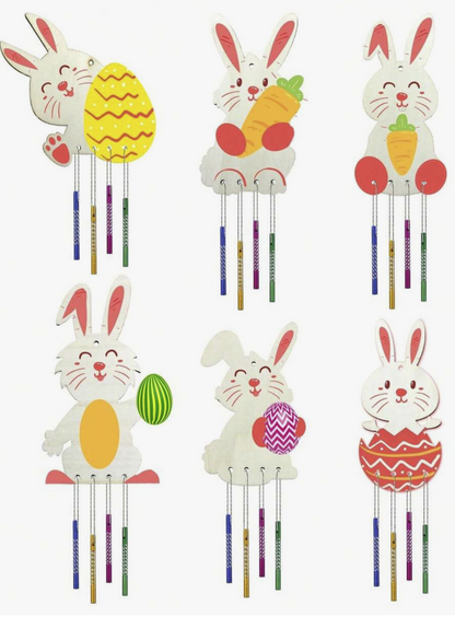 6/12PCS Wooden Easter Bunny DIY Wind Chime Set – Paintable Bunny Hanging Decorations, Easter Crafts for Kids, Holiday Home Decor & Gift