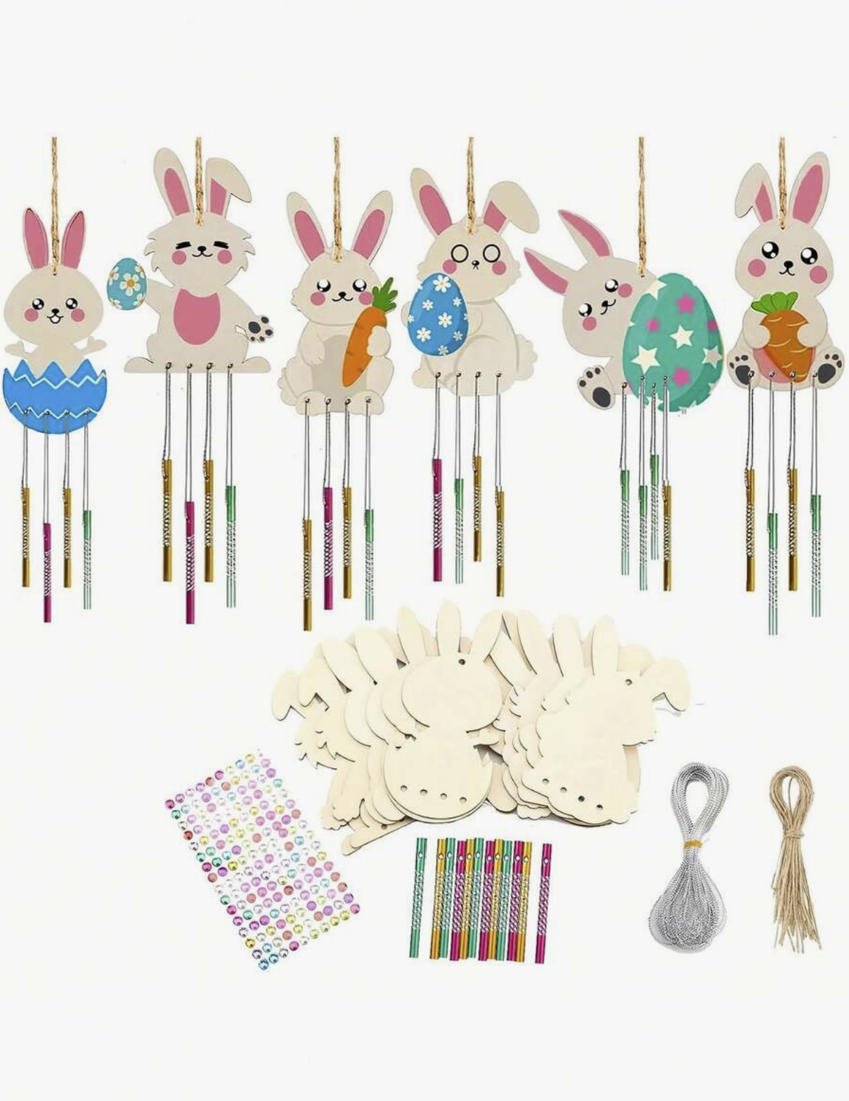 6/12PCS Wooden Easter Bunny DIY Wind Chime Set – Paintable Bunny Hanging Decorations, Easter Crafts for Kids, Holiday Home Decor & Gift