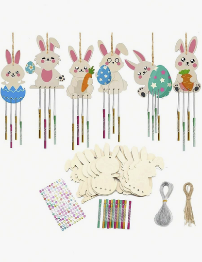 6/12PCS Wooden Easter Bunny DIY Wind Chime Set – Paintable Bunny Hanging Decorations, Easter Crafts for Kids, Holiday Home Decor & Gift