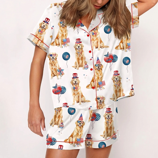 The USA 250th Anniversary Golden Retriever Silky Satin Pajamas – Women’s Fourth of July Patriotic Sleepwear