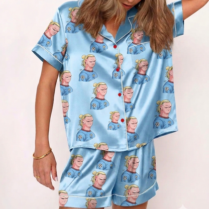 Blue Cartoon Soccer Meme Satin Pajamas