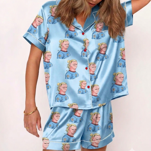 Blue Cartoon Soccer Meme Satin Pajamas