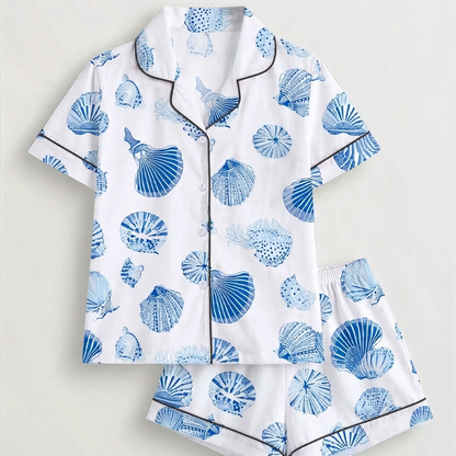 Luxury Satin Pajama Set - Summer Blue Shell Print Versatile Loungewear Homewear