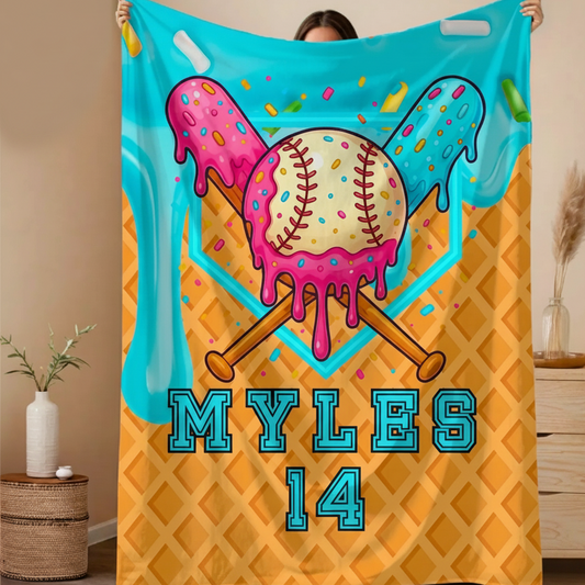 Personalized Baseball Blanket, Kids Baseball Drip Blanket With Name and Number, Ice Cream Drip Baseball Gifts For Boys, Baseball Room Decor