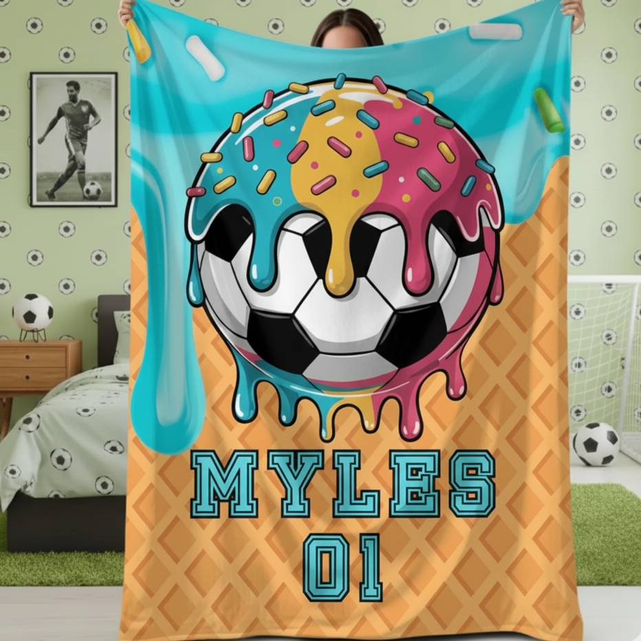 Personalized Soccer Blanket – Custom Name Drip Design, Unique Soccer Gift for Boys, Girls & Team Room Décor