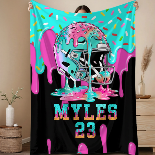 Personalized Football Blanket – Custom Name & Number Drip Design, Unique Football Gift for Boys & Kids Bedroom Décor