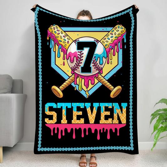 Personalized Ice Cream Drip Baseball Blanket – Custom Name Kids Baseball Throw, Player Gift & Birthday Gift for Boys