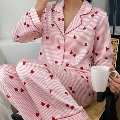 Women’s Collared Heart Stripe Satin Pajama Set – Long Sleeve Valentine Sleepwear, Cozy & Elegant for Fall and Winter