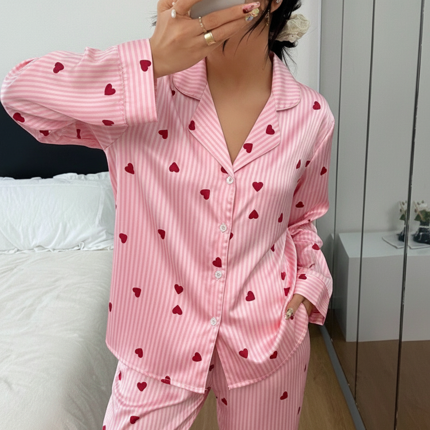 Women’s Collared Heart Stripe Satin Pajama Set – Long Sleeve Valentine Sleepwear, Cozy & Elegant for Fall and Winter