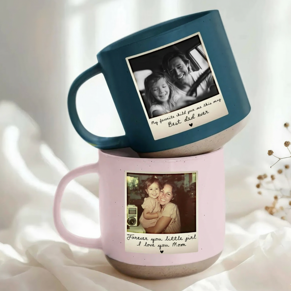 Personalized Photo Pottery Mug – Custom Polaroid Picture Gift for Mom or Dad