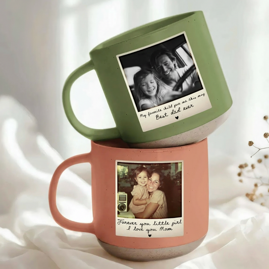 Personalized Photo Pottery Mug – Custom Polaroid Picture Gift for Mom or Dad