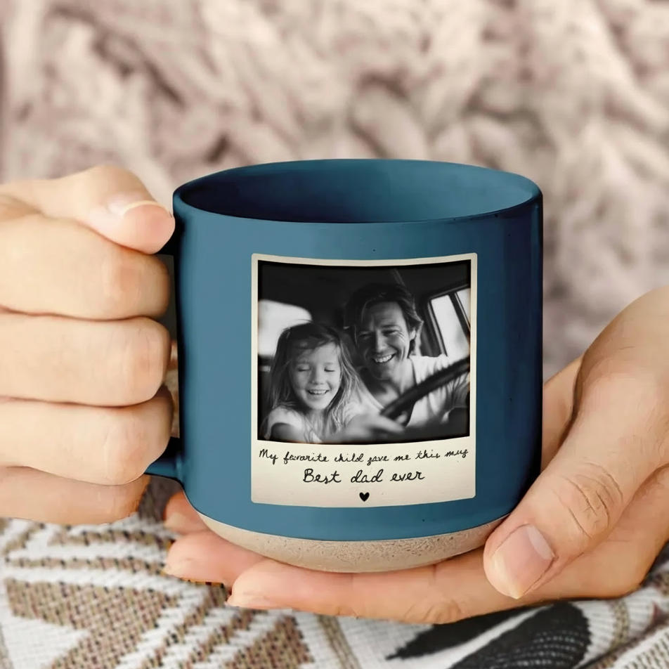 Personalized Photo Pottery Mug – Custom Polaroid Picture Gift for Mom or Dad