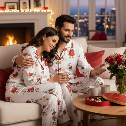 Valentine Goose Pajama Set for Women – Cute Duck Heart Print Button-Up Sleepwear