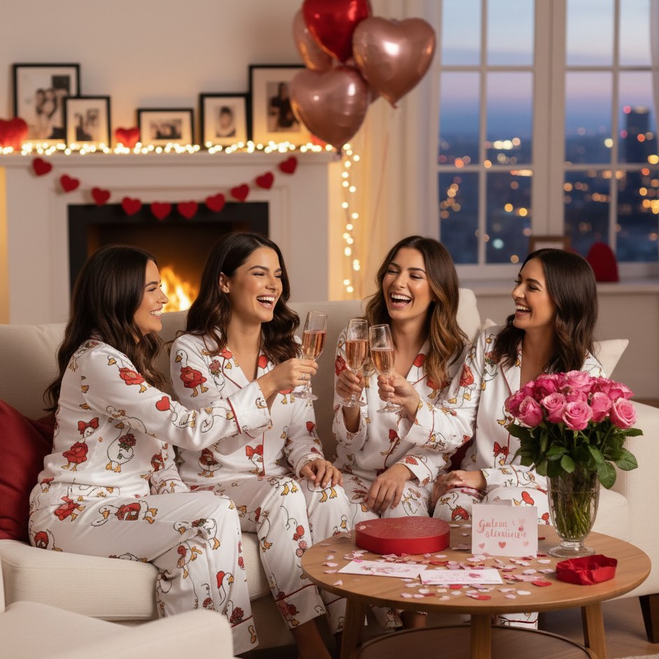 Valentine Goose Pajama Set for Women – Cute Duck Heart Print Button-Up Sleepwear