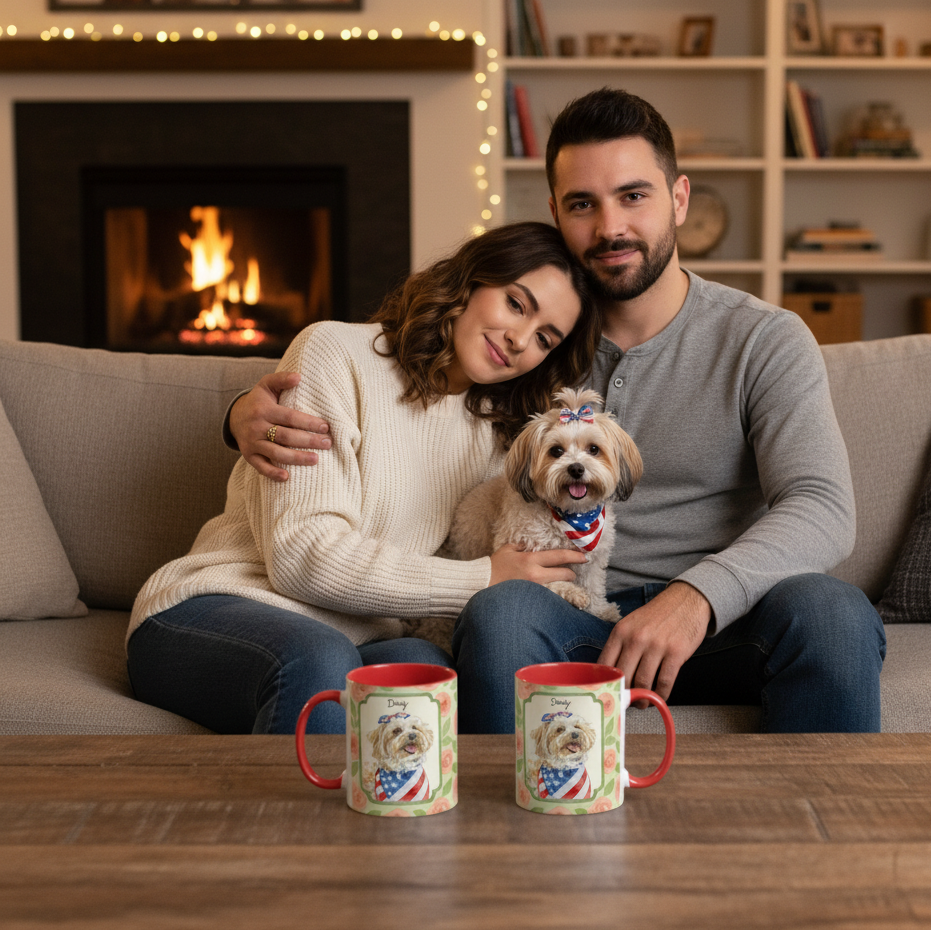 Personalized Floral Pet Portrait Mug – Custom Dog Name Coffee Cup