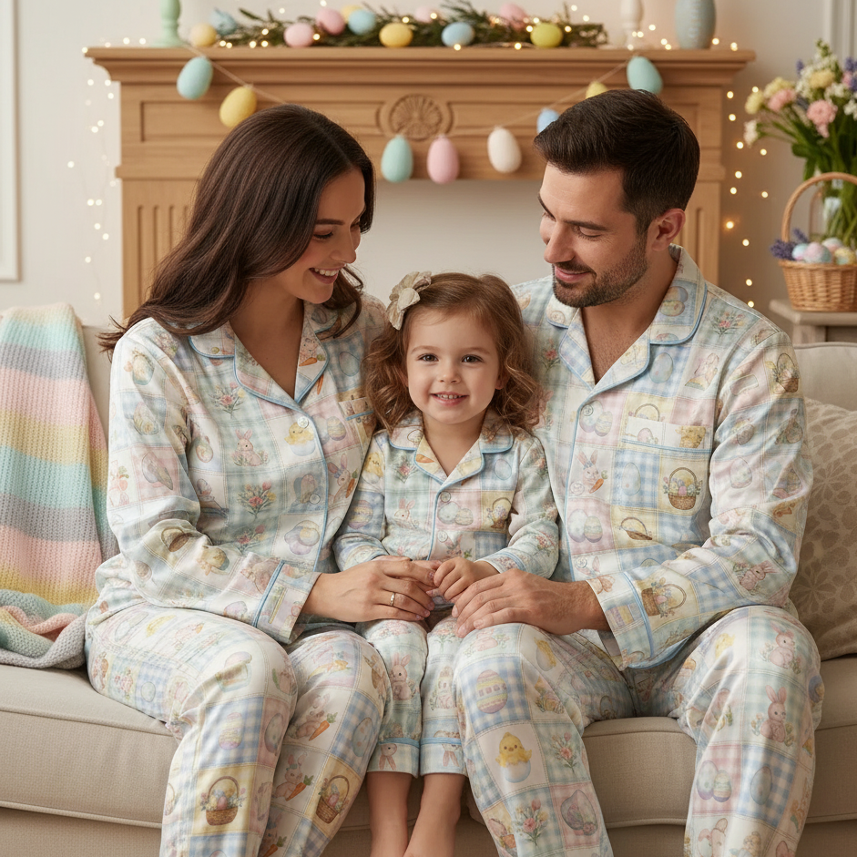 Easter Satin Pajamas – Pastel Bunny & Chick PJs, Cute Spring Sleepwear for Boys & Girls, Toddler Easter Gift, Silk Button Down Set