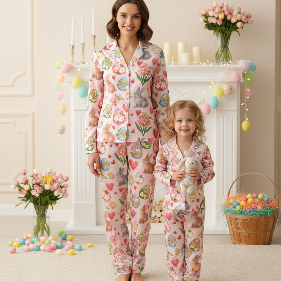 Easter Bunny Satin Pajama Set for Women – Cute Rabbit Spring PJs, Soft Satin Easter Sleepwear, Easter Gift for Her