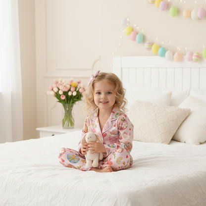 Easter Bunny Satin Pajama Set for Women – Cute Rabbit Spring PJs, Soft Satin Easter Sleepwear, Easter Gift for Her