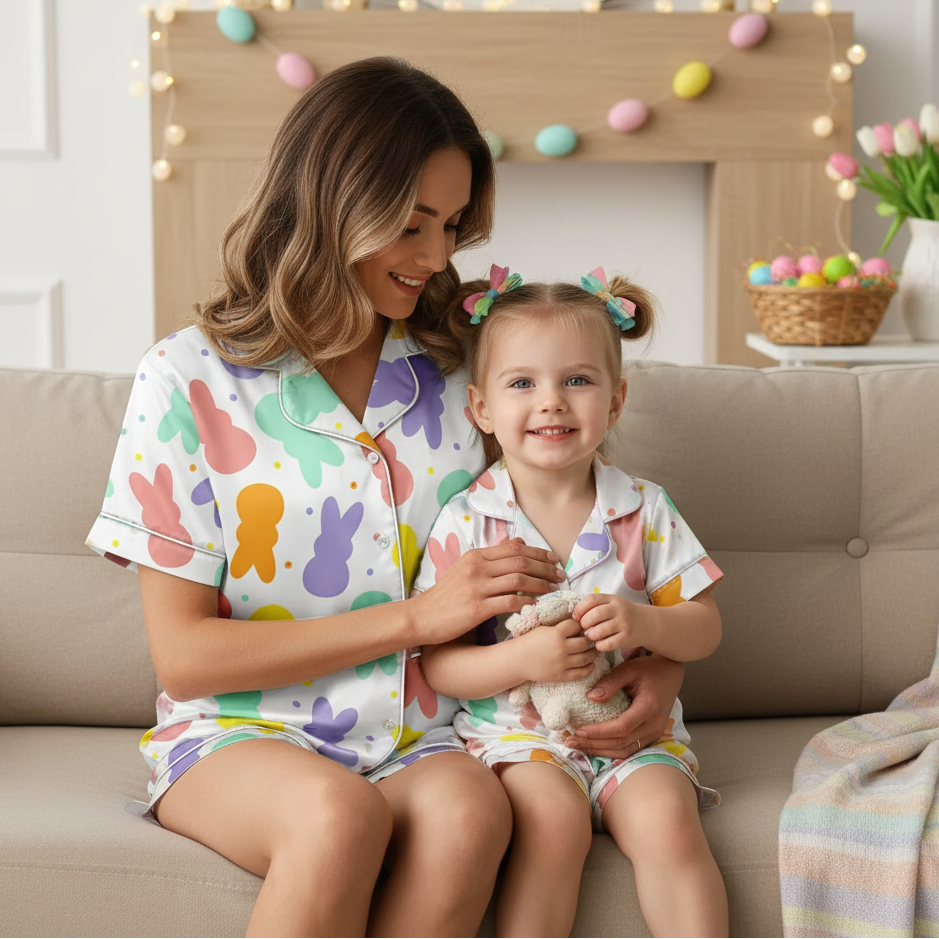 Rabbit Easter Satin Pajamas for Women – Cute Bunny Easter PJs Set, Happy Easter Sleepwear, Spring Satin Pajamas Gift for Her