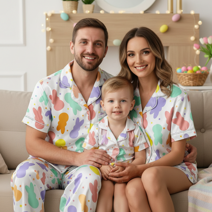 Rabbit Easter Satin Pajamas for Women – Cute Bunny Easter PJs Set, Happy Easter Sleepwear, Spring Satin Pajamas Gift for Her