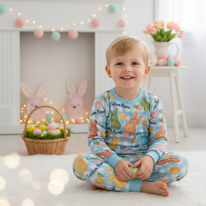 Custom Name Bunny Easter Pajamas Set – Personalized Kids Easter Egg Pajamas, Pastel Bunny Sleepwear, Happy Easter Gift for Kids