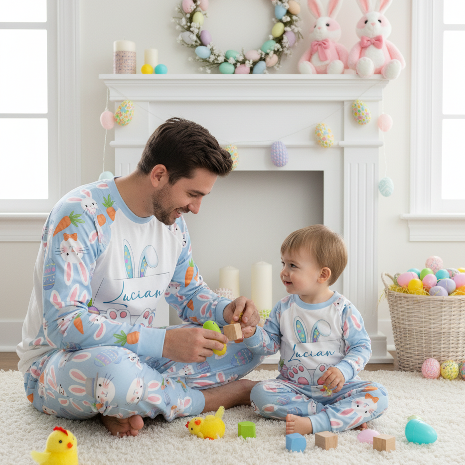 Matching Family Easter Pajamas – Custom Name Bunny PJs Set, Cute Personalized Easter Rabbit Sleepwear for Kids & Adults