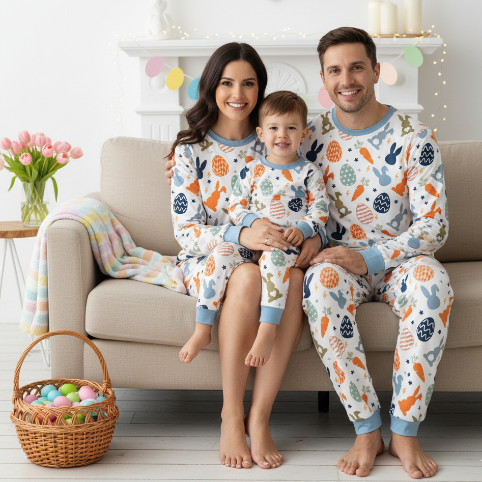 Boy Easter Pajama Set – Kids Bunny Easter Egg Hunt Pajamas, Happy Easter Sleepwear, Cute Bunny Egg Kids PJs