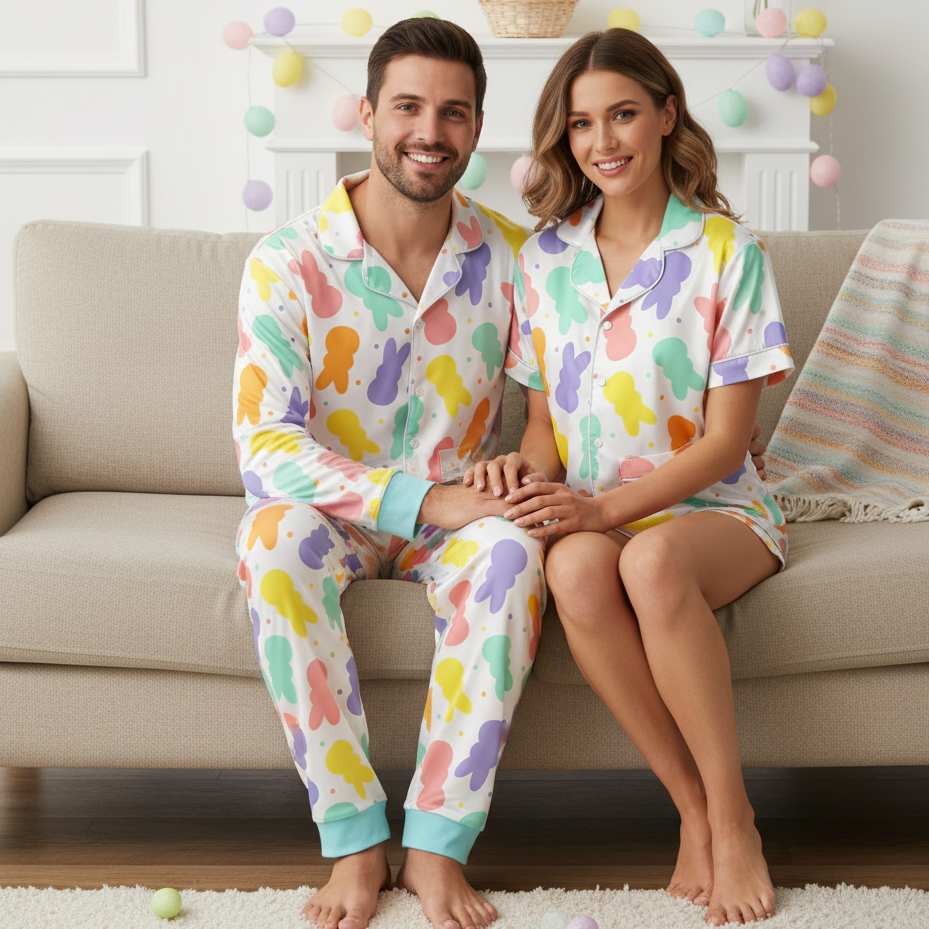 Rabbit Easter Satin Pajamas for Women – Cute Bunny Easter PJs Set, Happy Easter Sleepwear, Spring Satin Pajamas Gift for Her