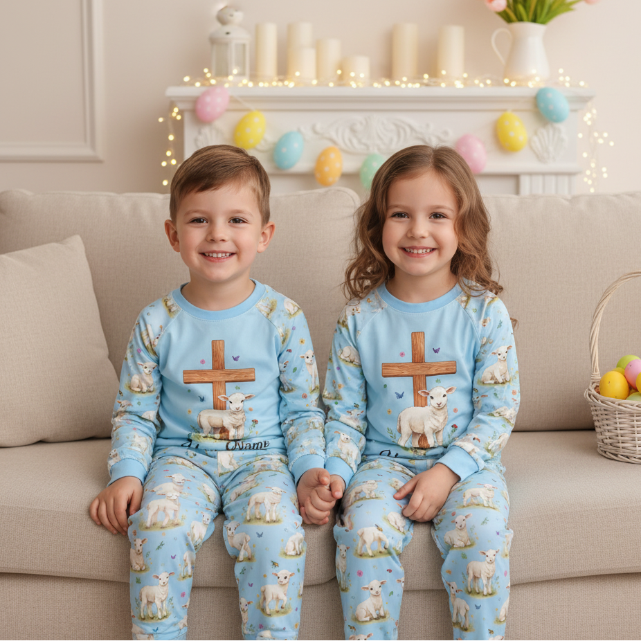 Matching Family Christian Easter Pajamas – Personalized Lamb & Cross Faith Sleepwear