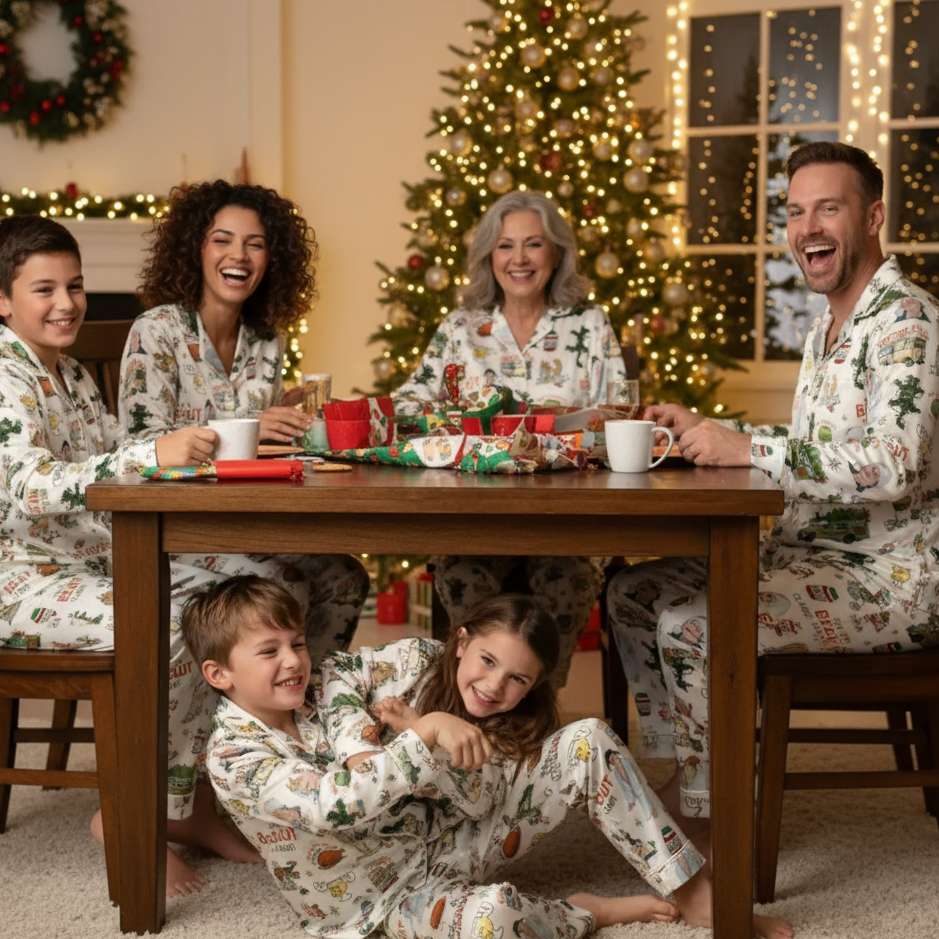 Vintage Christmas Family Matching Pajama Set, Satin Holiday Sleepwear for Adults & Kids, Cozy Winter Nightwear Gift