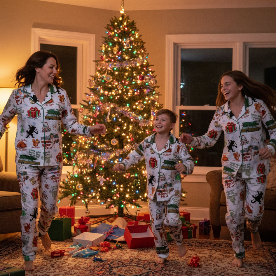 Vintage Christmas Family Pajama Set, Holiday Tree Farm Satin Sleepwear for Adults & Kids, Cozy Festive Matching PJs