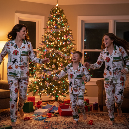 Vintage Christmas Family Pajama Set, Holiday Tree Farm Satin Sleepwear for Adults & Kids, Cozy Festive Matching PJs