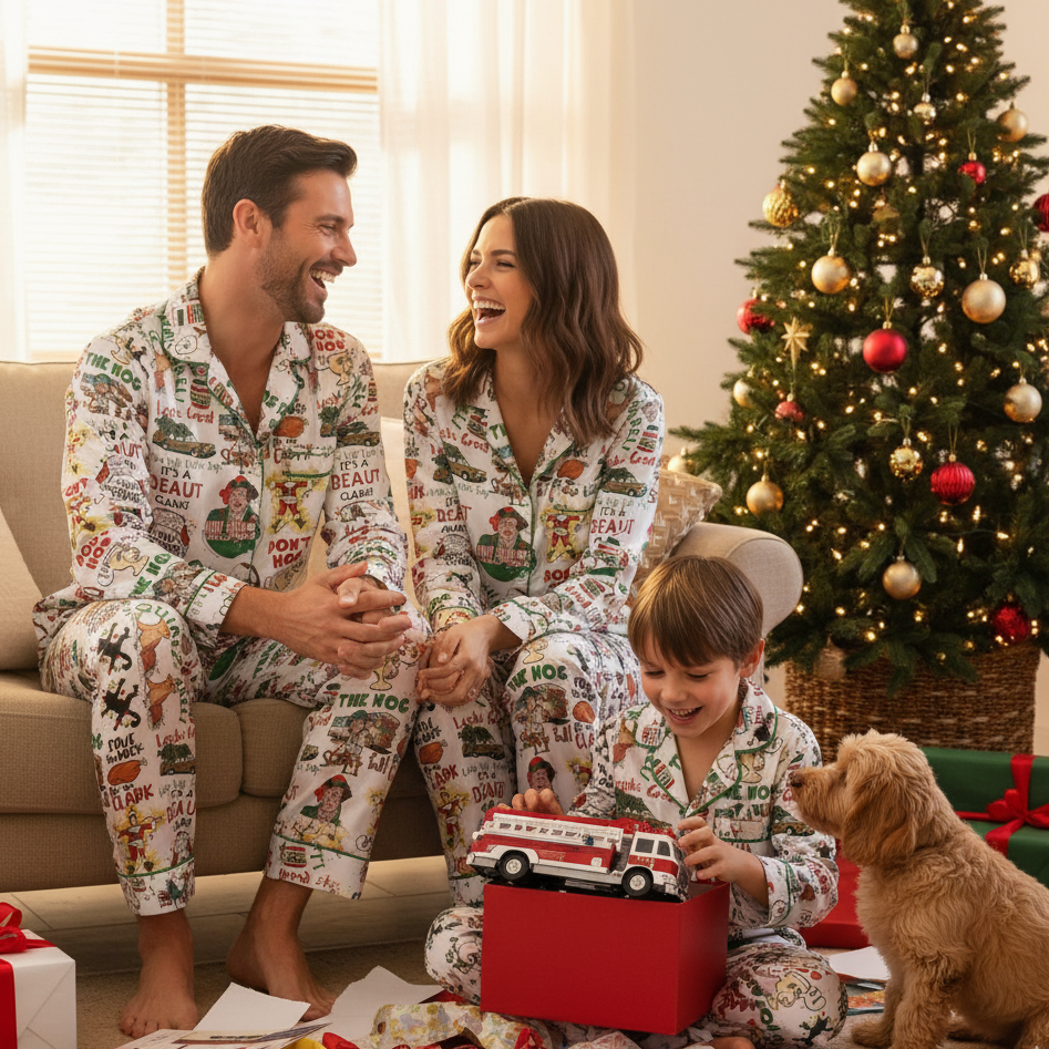Vintage Christmas Tree Farm Pajama Set Satin Sleepwear for Family Cozy Holiday Nightwear Gift