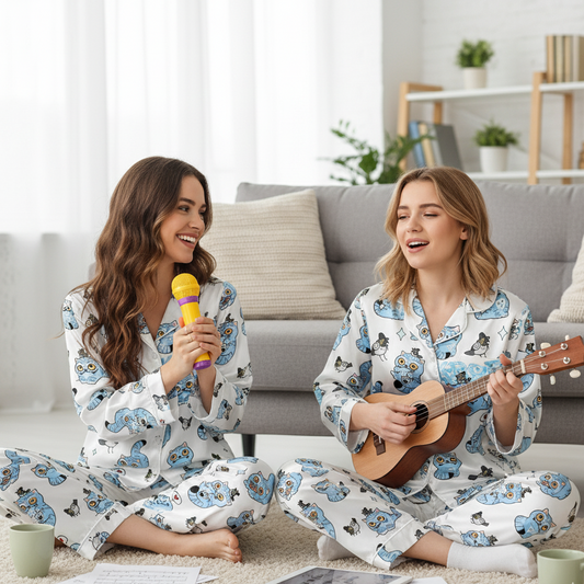 Blue Tiger & Bird Satin Pajama Set – K-Pop Fantasy Inspired
