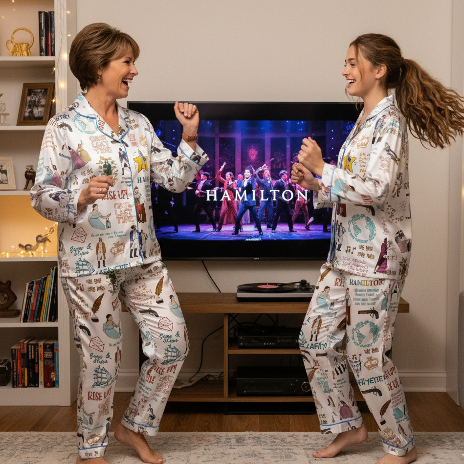 Hamilt Style White Cartoon Pajama Set, Funny Pattern Satin Sleepwear Gift, Cute Comfortable Loungewear for Women