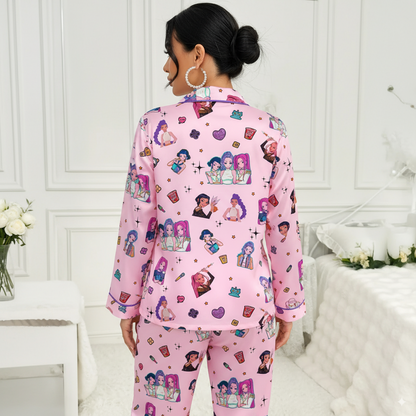 K Pop Pink Tiger Pajama Set Satin Fabric Sleepwear for Kids & Women Cozy Nightwear Fan Gift