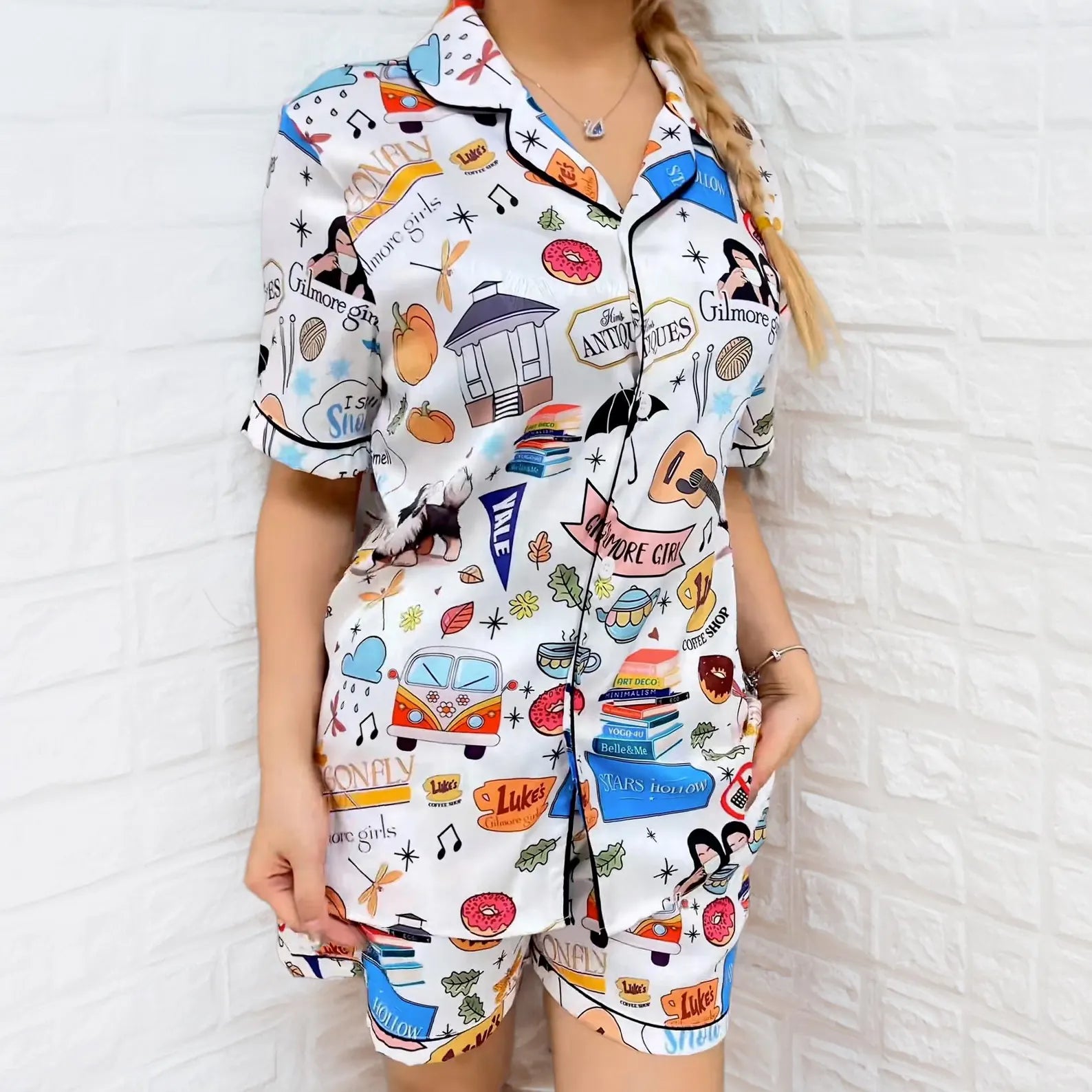 Women’s Stars Hollow Inspired Pajama Set – Retro Coffee Diner Two-Piece Satin Sleepwear, Cozy Nightwear Gift for Fans