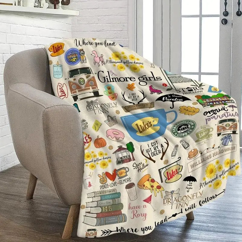 Cozy Small-Town Café Plush Blanket – Flannel Throw with Coffee Cup Designs, Perfect Gift for Cozy TV Fans