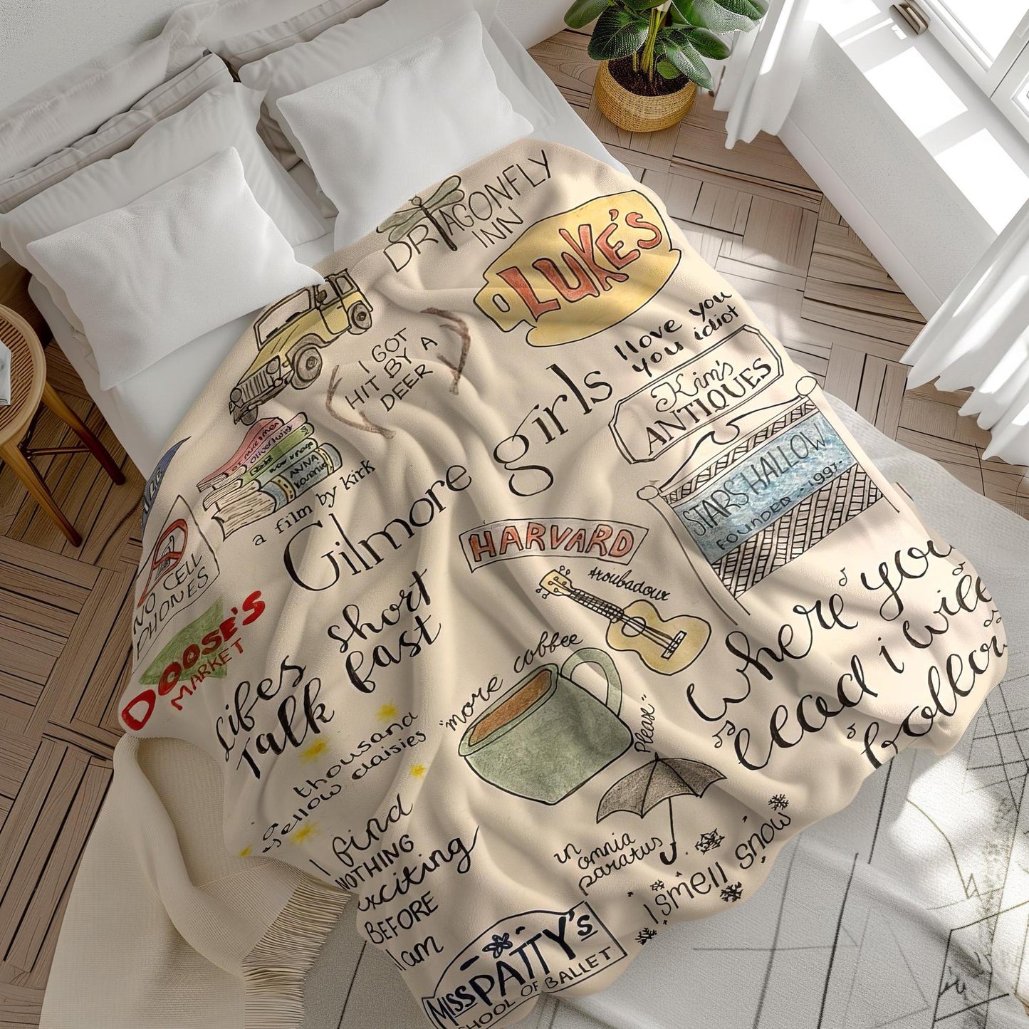 Cozy Small-Town Pattern Flannel Blanket – Warm Soft Throw for Home, Office, Travel & Camping