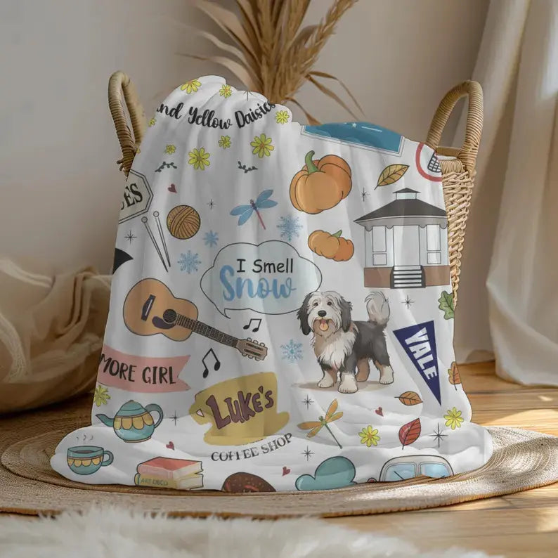 Cozy Café Icon Collage Plush Fleece Blanket – Soft Aesthetic Throw for Book Lovers & Comfort Show Fans