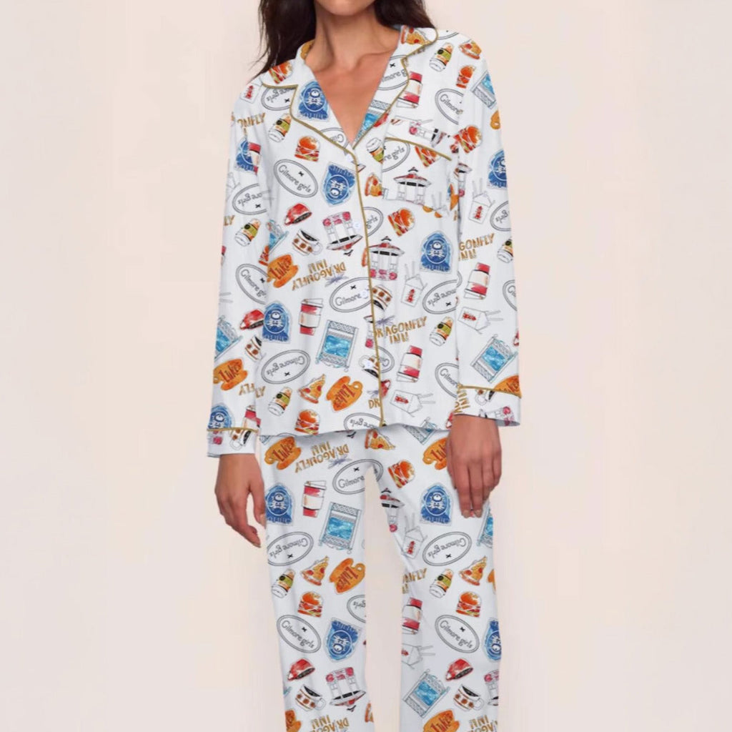 Women’s Retro Small Town Pajama Set – Cozy Two-Piece Sleepwear with Short Sleeve Top & Elastic Pants, All-Season Nightwear Gift