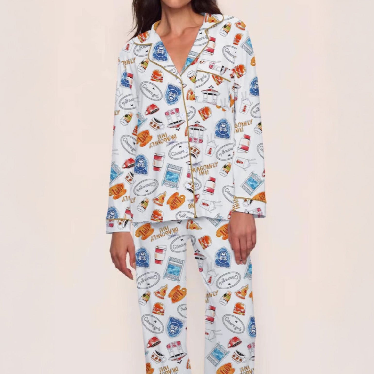 Women’s Retro Small Town Pajama Set – Cozy Two-Piece Sleepwear with Short Sleeve Top & Elastic Pants, All-Season Nightwear Gift