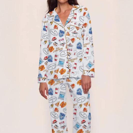 Women’s Retro Small Town Pajama Set – Cozy Two-Piece Sleepwear with Short Sleeve Top & Elastic Pants, All-Season Nightwear Gift